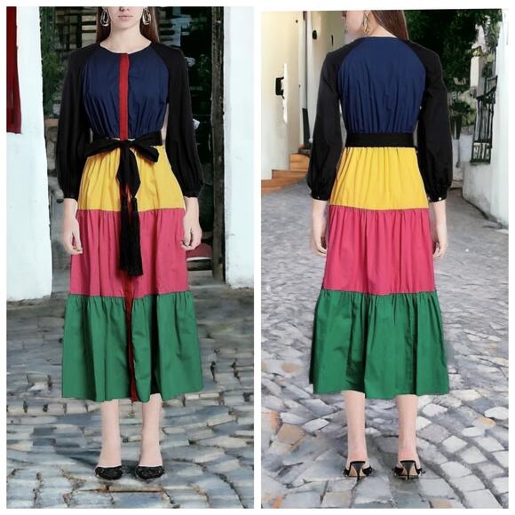 Borgo De Nor Poplin Meret Dress Color Block Long Sleeves Maxi 10 - Picture 1 of 8